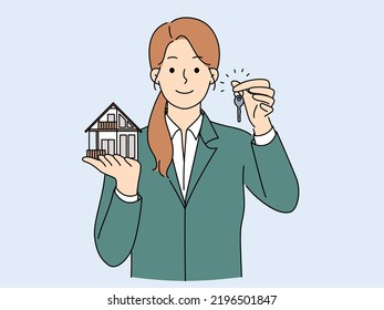 Smiling female realtor hold house maquette and key for future owners. Happy woman real estate agent offer home rental or purchase. Realty concept. Vector illustration. 