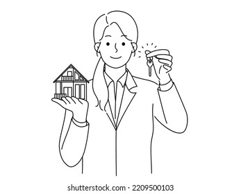 Smiling female realtor hold house maquette and key for future owners. Happy woman real estate agent offer home rental or purchase. Realty concept. Vector illustration. 