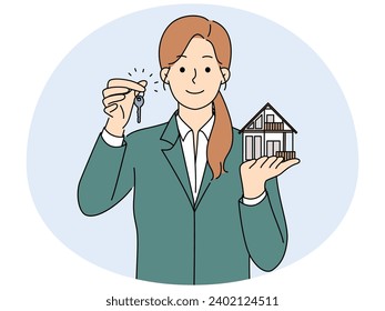 Smiling female realtor hold house maquette and key for future owners. Happy woman real estate agent offer home rental or purchase. Realty concept. Vector illustration.