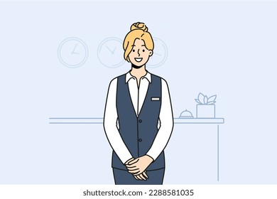 Una recepcionista con uniforme sonriente posando en el mostrador del hotel. Feliz trabajo de administradora en recepción. Ilustración vectorial. 