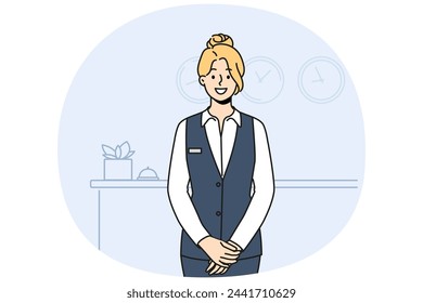 Smiling female receptionist in uniform posing at counter in hotel. Happy woman administrator working at reception. Vector illustration.