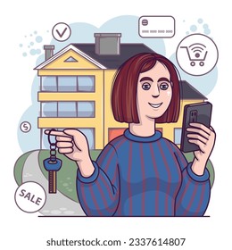 Smiling female rent new big house via mobile phone, holding keys. Ordering and choosing different property via gadget. Beneficial shopping day concept. Flat vector illustration in cartoon style