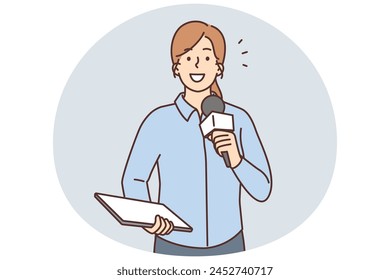 Smiling female reporter with microphone and tablet talking in live broadcast. Happy woman journalist with mic speak work in studio. Vector illustration.