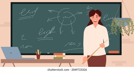 Smiling female schoolteacher stands at the blackboard in the classroom.Happy teacher's day concept.Vector illustration.Flat design.Eps10