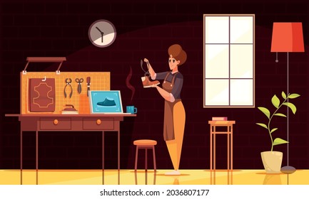 Smiling female shoemaker repairing shoe at her cosy workshop cartoon vector illustration