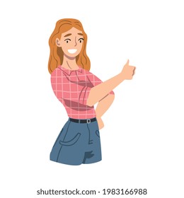 Smiling Female Showing Thumb Up Gesture as Approval or Agreement Sign Vector Illustration