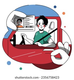 Smiling female sitting in car, policeman holding her driver license and checking information. Passing test, getting document for drive car. Flat vector illustration in cartoon style