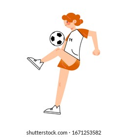 Smiling female soccer player in the red shorts kicking the ball left side view. Vector illustration in flat cartoon style.
