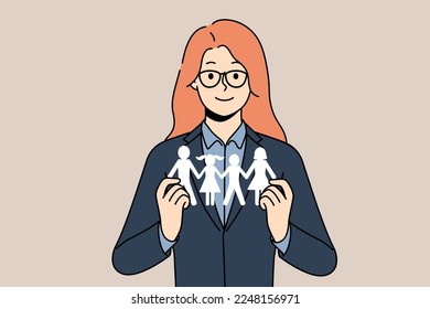 Smiling female social worker holding family paper model in hands. Happy woman help with problems for parents and children. Aid and assistance. Vector illustration. 