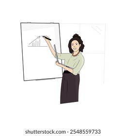 Smiling female speaker giving a presentation with a laptop in hand. Office worker presenting a report on a whiteboard. Vector illustration.