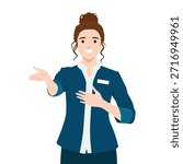 Smiling Female Staff Presenting with Open Hand Gesture. Flat vector illustration isolated on white background