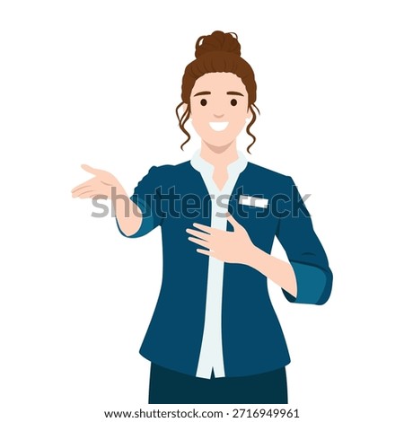 Smiling Female Staff Presenting with Open Hand Gesture. Flat vector illustration isolated on white background