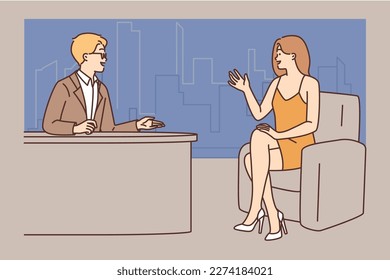 Smiling female star give interview at show in studio. Happy woman celebrity greeting audience at live broadcast. Vector illustration. 