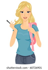 A Smiling Female Student Carrying a Backpack and a Pen - Vector