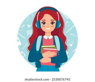 Sonriente personaje de estudiante en auriculares con pila de libro en sus manos. Ilustración vectorial plana