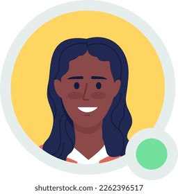 Smiling female student flat vector avatar icon with green dot. Editable default persona for UX, UI design. Profile character picture with online status indicator. Colorful messaging app user badge