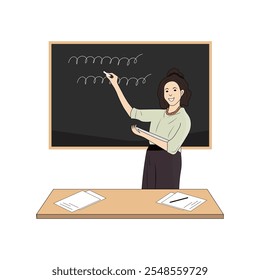 Smiling female teacher at classroom near blackboard and desk. Education, lecture and lesson at school or university. Vector illustration.