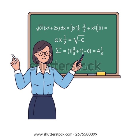 Smiling female teacher explaining math equations on chalkboard, educational illustration, classroom teaching, learning concept, professional, cheerful, focused, academic scene.