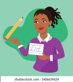 Smiling female teacher with pencil and flash card teaching English cursive writing. Colorful swirl background. Can be used for: education, elementary school. primary school, tutoring, extra credit.