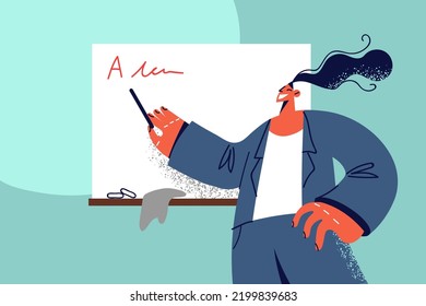 Smiling female teacher with pointer at lesson in classroom. Happy woman tutor explain subject near blackboard at class. Vector illustration. 