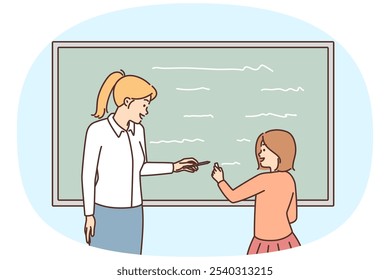 Smiling female teacher and schoolgirl writing on blackboard in classroom. Woman tutor teaching excited girl child near board in school. Vector illustration.