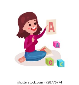 Smiling female teacher sitting on the floor showing letter A, woman teaching child the alphabet colorful cartoon vector Illustration