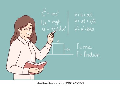 Lächelnde Lehrerin, die in der Nähe von schwarzem Brett steht und in der Schule im Unterricht spricht. Fröhliche Frauenlehrerin leitet Mathematikunterricht für Schüler. Bildung. Vektorgrafik. 