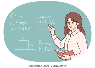 Una profesora sonriente cerca de un tablero negro hablando en clase en la escuela. Feliz tutora de clase de matemáticas para los alumnos. Educación. Ilustración vectorial.