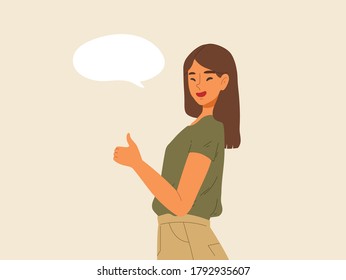 Smiling female thumps up with blank speech bubble. Concept of compliment, preference, empty bubble,confirmation, guarantee, certify action, warrant, liking. Flat vector illustration cartoon character.