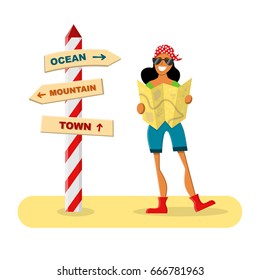 Smiling female traveler holding a map next a road sign. Vector illustration isolated on white. Summer adventure, exploring and active leisure.