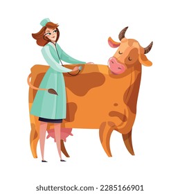 Smiling female vet examining cow with stethoscope flat vector illustration