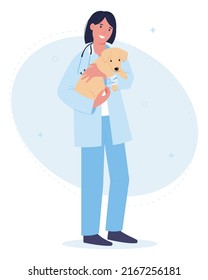 Smiling female vet holding a dog in her arms. The profession of a veterinarian. Pet care. Vector illustration