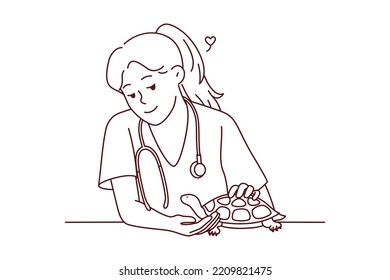 Smiling female veterinarian take care of turtle in hospital. Happy woman vet doctor cure small domestic pet in clinic. Vector illustration. 