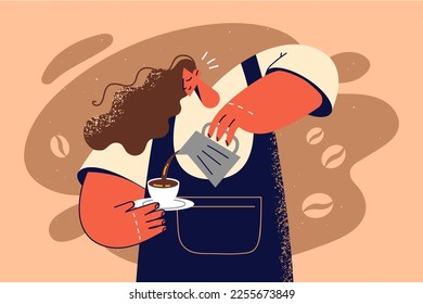 Smiling female waitress in apron making cappuccino in cup in coffee shop. Happy woman prepare coffee in cafe. Occupation. Vector illustration. 