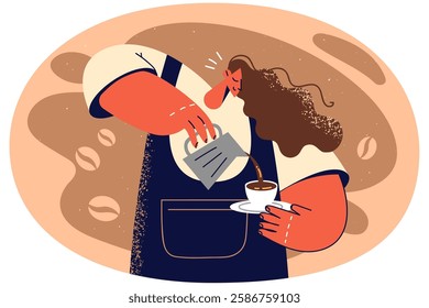 Smiling female waitress in apron making cappuccino in cup in coffee shop. Happy woman prepare coffee in cafe. Occupation. Vector illustration.