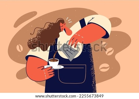 Smiling female waitress in apron making cappuccino in cup in coffee shop. Happy woman prepare coffee in cafe. Occupation. Vector illustration. 