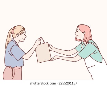 Smiling female waitress or cashier preparing takeaway order to customer simple korean style illustration