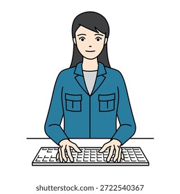 Lächelnde Arbeiterin in blauer Uniform, die auf Tastatur tippt