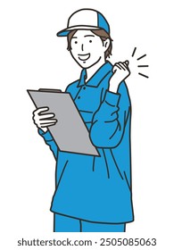 A smiling female worker doing a fist pump