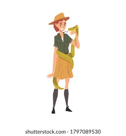 Smiling Female Zoo Worker with Snake, Veterinarian or Professional Zookeeper Character Caring of Wild Animals in Zoo Cartoon Vector Illustration