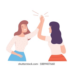 Smiling Females Sliding Hands as High Five Gesture Vector Illustration