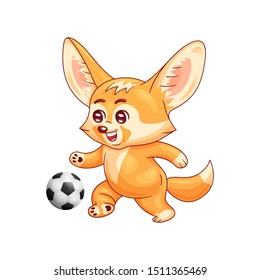 Smiling fennec fox plays soccer. Cute kawaii cartoon character. Funny emotion and face expression. Isolated on white background