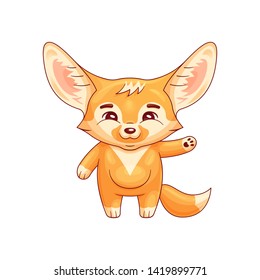 Smiling fennec fox swings its paw with salutation. Cute kawaii cartoon character. Funny emotion and face expression. Isolated on white background