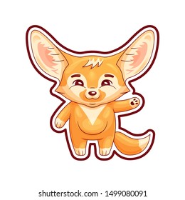 Smiling fennec fox swings its paw with salutation. Cute kawaii cartoon  character  with single contour  of whole image for using as a sticker, etc. Funny emotion and face expression