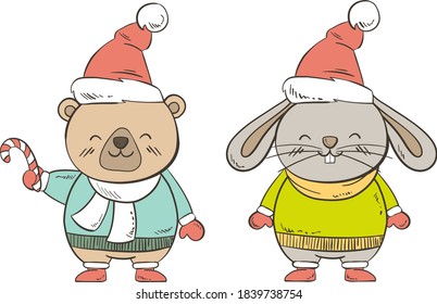 Smiling festive Bear and Rabbit with scarfs, Christmas hats, sweaters and gloves - Isolated vector illustrations