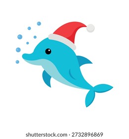 Delfín festivo sonriente en el sombrero de santa que extiende la alegría de las vacaciones debajo de las olas del océano