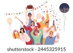 Smiling festive people celebrating birthday party with cake, gifts, balloons and confetti. Happy corporate office team during holiday celebration. Flat vector illustration isolated on white background