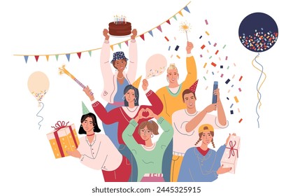 Smiling festive people celebrating birthday party with cake, gifts, balloons and confetti. Happy corporate office team during holiday celebration. Flat vector illustration isolated on white background