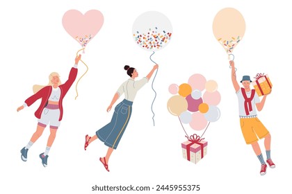 
Smiling festive people celebrating birthday party. People flies with balloons in hands. Gift box with confetti and colorful balloons. Flat graphic vector illustrations isolated on white background.