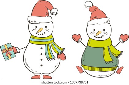 Smiling festive Snowmen with scarfs, Christmas hats, sweater and gloves - Isolated vector illustrations